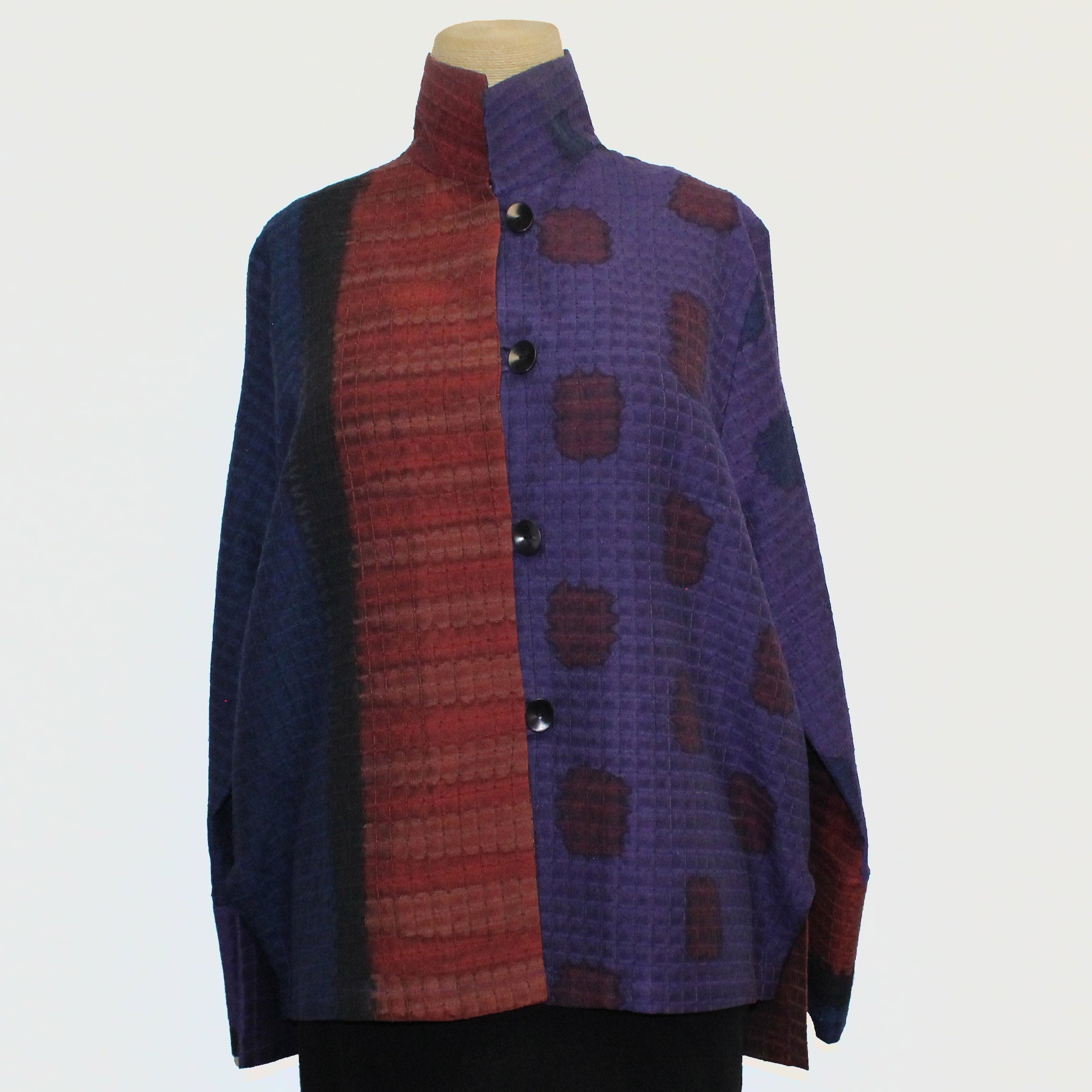 Kay Chapman Jacket, Loop Button, Patchwork, Rust/Purple/Blue, M