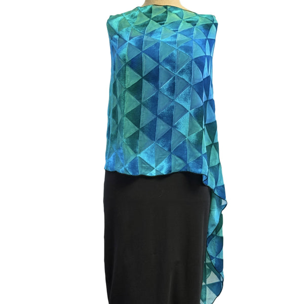 Kay Chapman Poncho, Cut Velvet,Triangles, Turquoise/Blue, OS