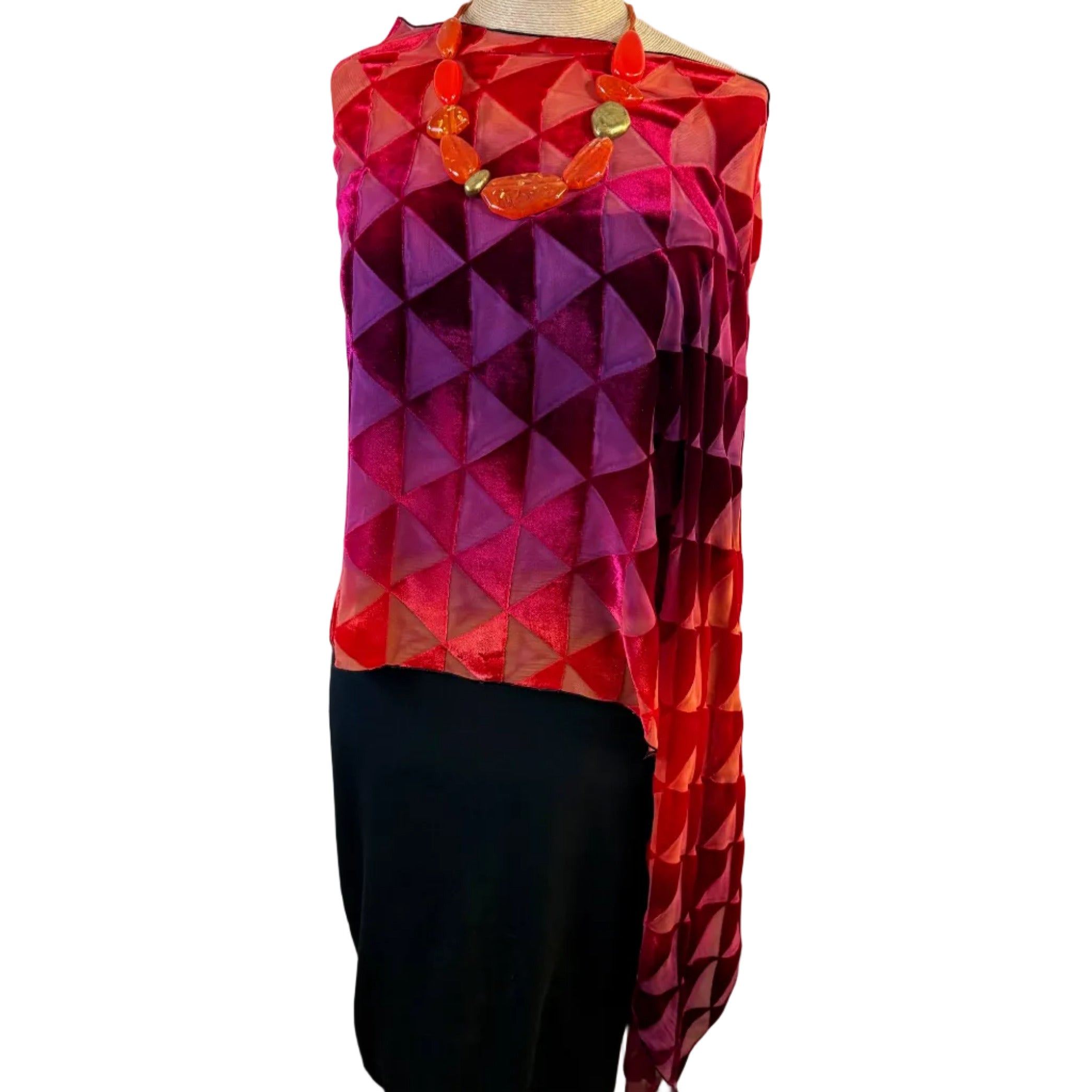 Kay Chapman Poncho, Cut Velvet, Triangles, Vermillion/Magenta OS