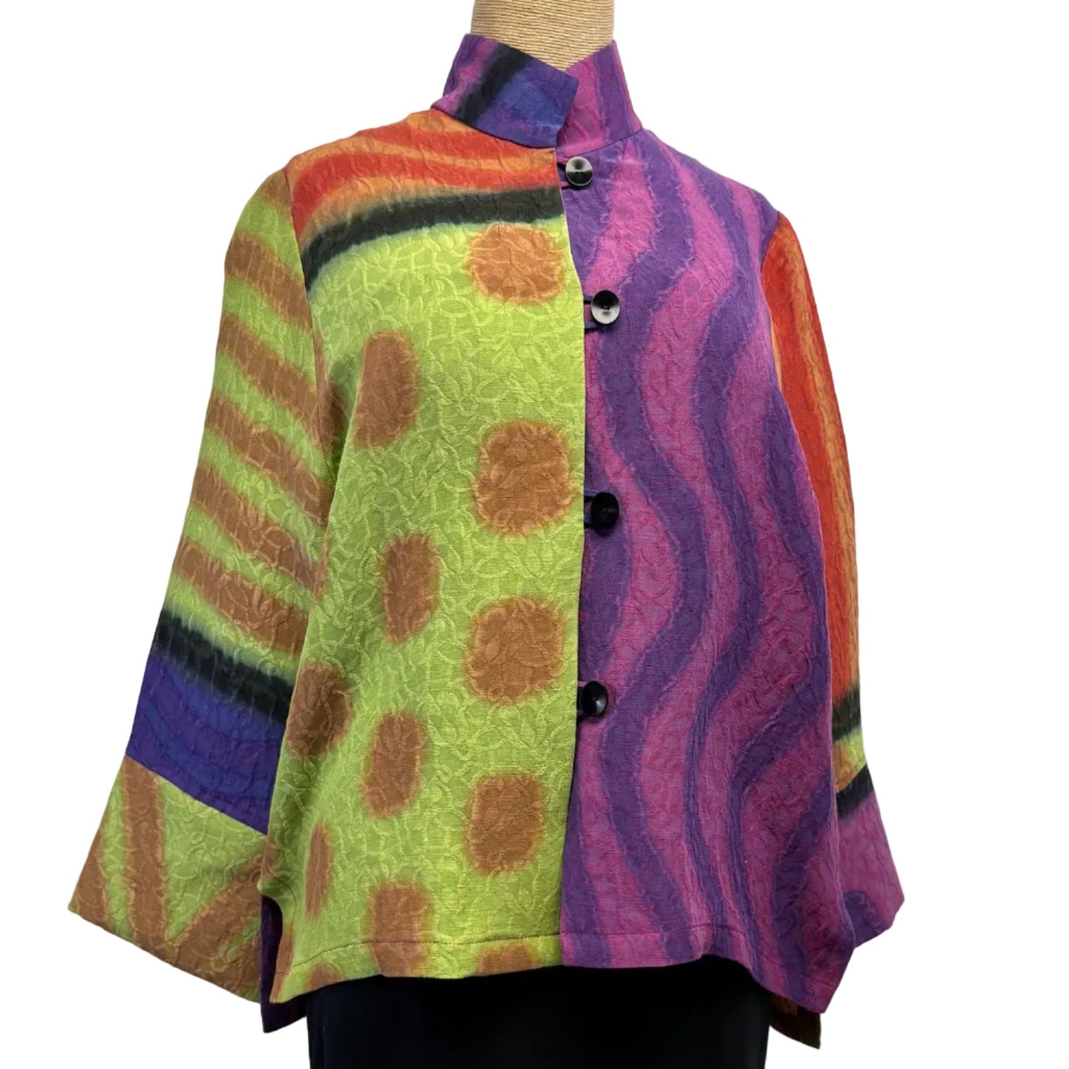 Kay Chapman Jacket, Loop Button, Patchwork, Pink/Rust/Chartreuse/Purple, XS