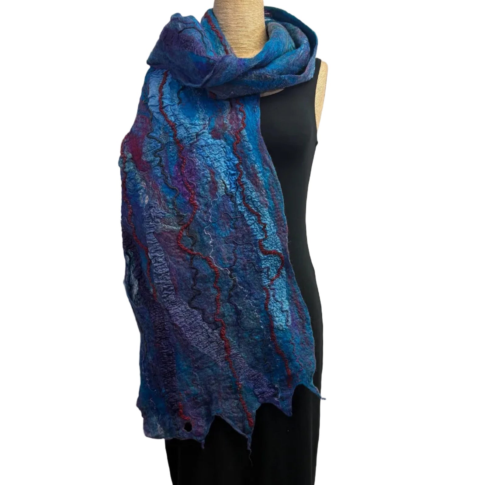 Lyndy Runyon Shawl, Felted, Silk & Novelty Fibers, Blue/Purple/Red
