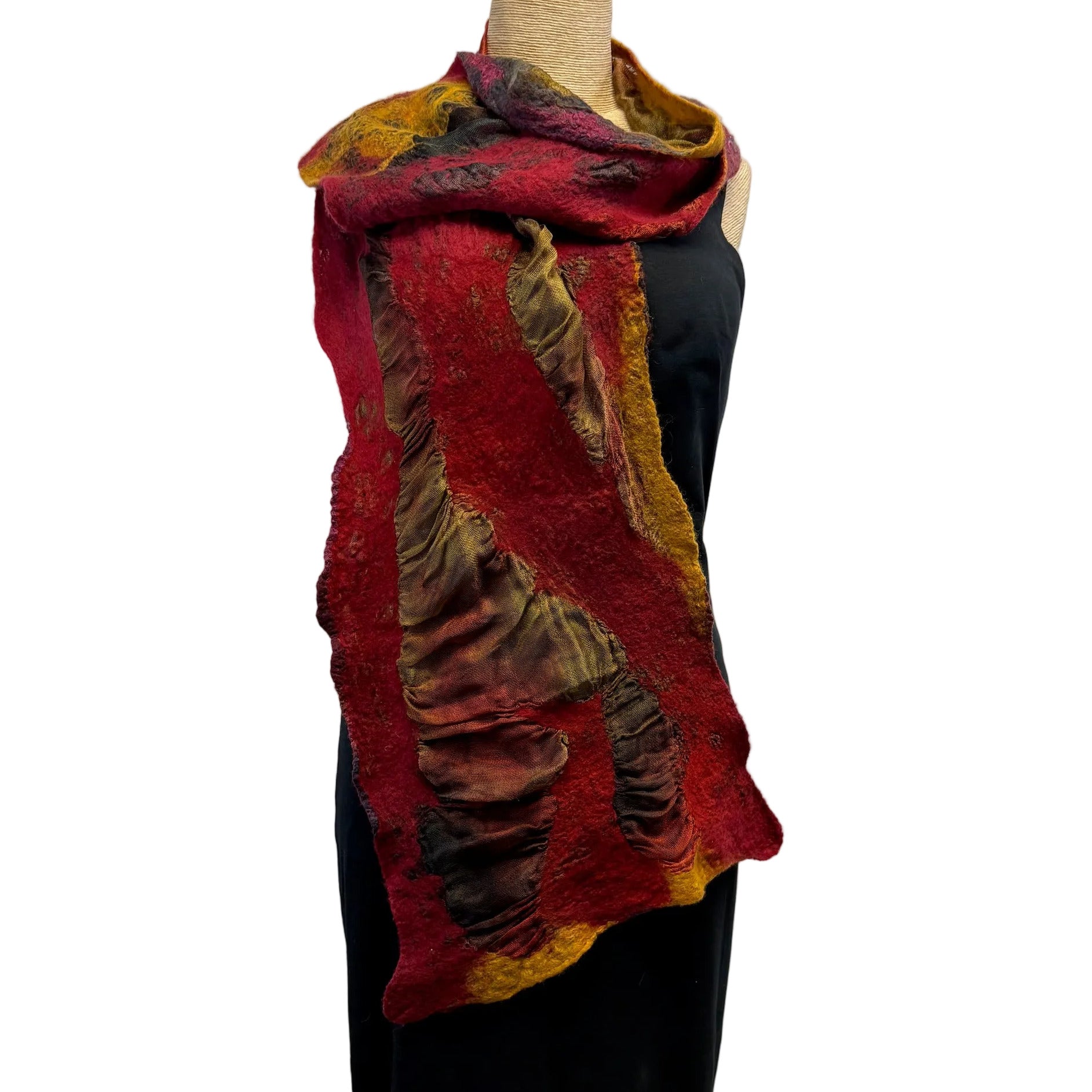 Lyndy Runyon Scarf, Nuno Felted, Red/Maroon/Purple/Copper