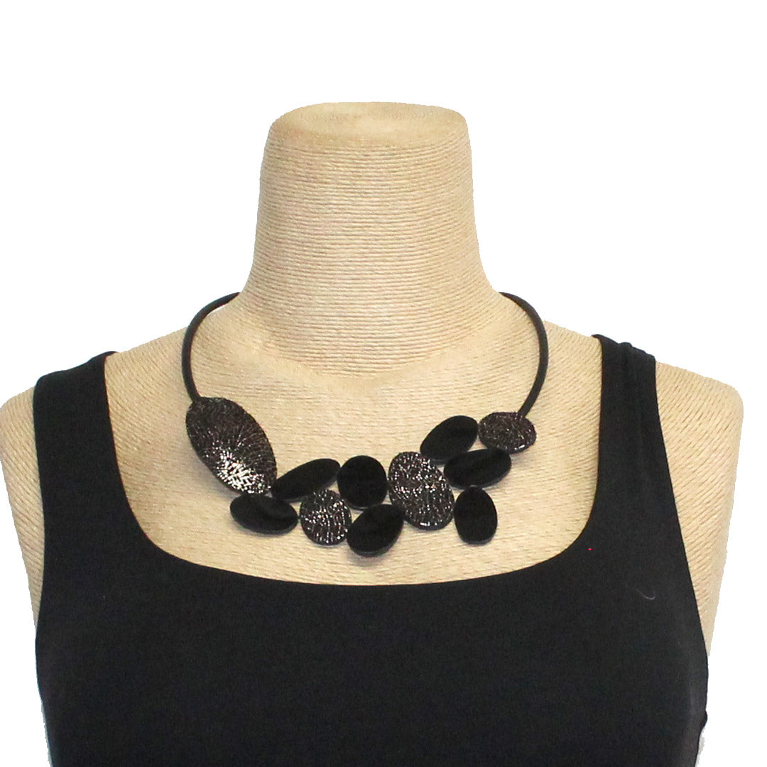 7PM Leather Jewels Necklace, Pebbles, Gold/Black