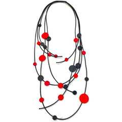 7PM Leather, Necklace, 5 Strand With Disks, Red/Black