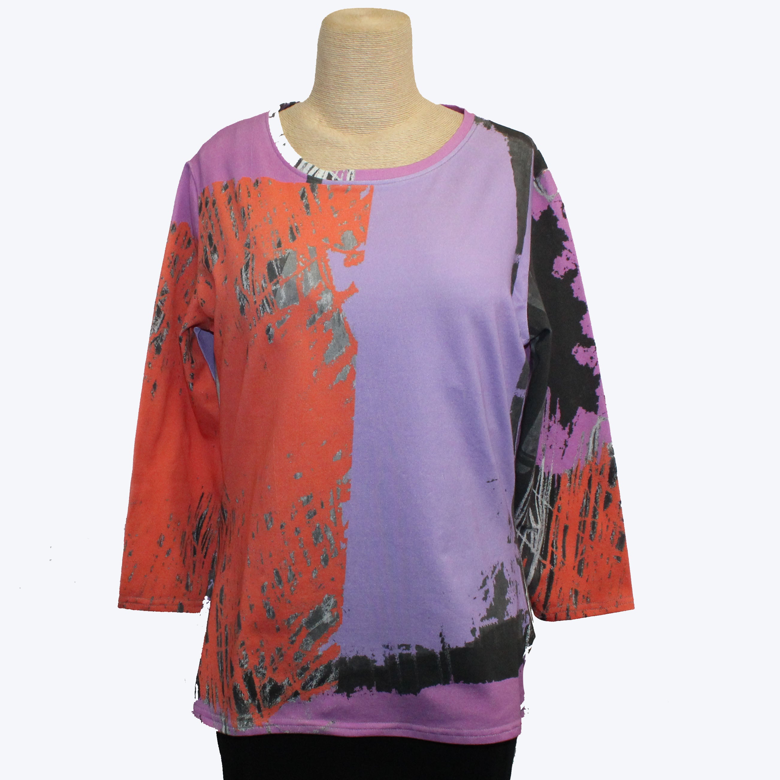 Andrea Geer Pullover, Fitted, 3/4 Sleeve, Purple/Orange/Rose, XS