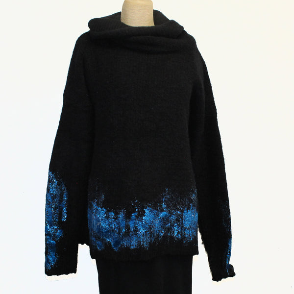 Amano Sweater, Alpaca, Funnel Neck, Foil Handprint, Black/Peacock