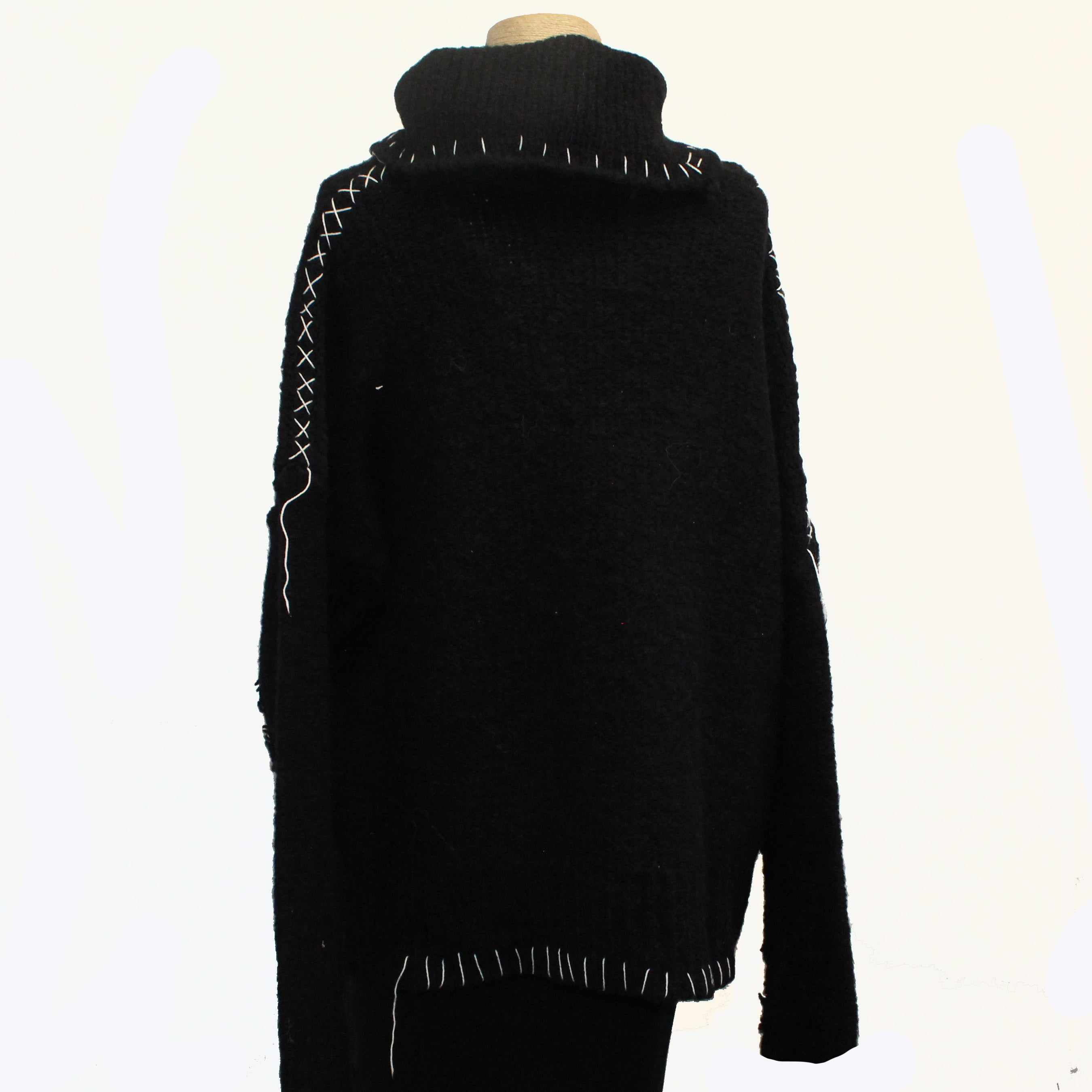 Amano Sweater, Funnel Neck, Alpaca, Saddle Hand Stitch, Black/White S/M