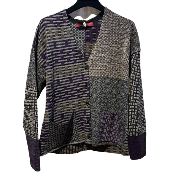 Beyond Threads Cardigan, Pique Button, Amethyst/Grey/Natural/Tan S & M