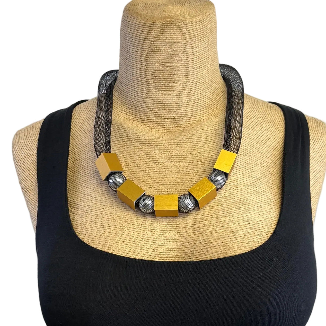 Christina Brampti Necklace, Smokey Gold Mesh, Black/Gold/Silver