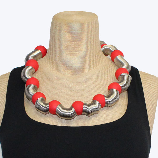 Carla M Necklace, Tubes, Red/Silver
