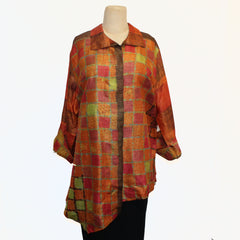 Darshan Shah Shirt/Tunic, Asymmetrical, Red/Orange/Lime/Brown, L