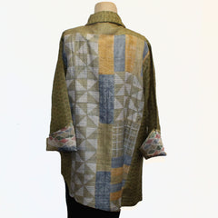 Darshan Shah Shirt/Tunic, Asymmetrical, Olive/Blue/Gold, L
