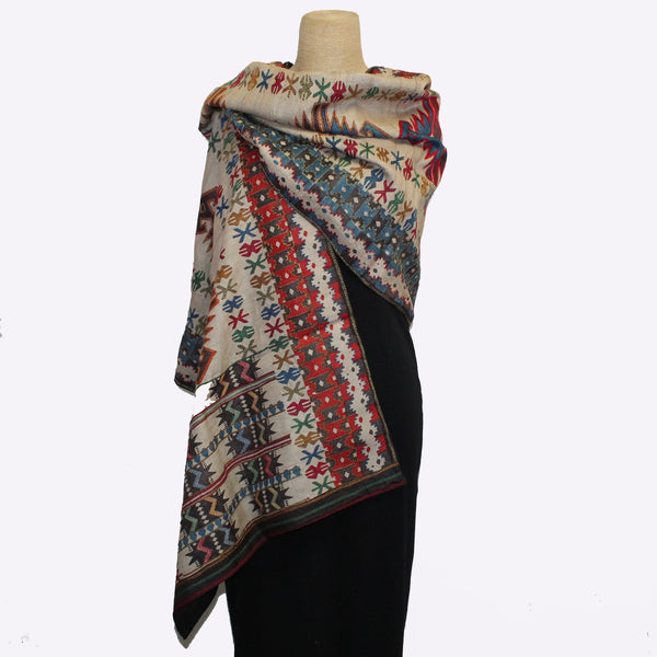 Darshan Shah Shawl, Kantha, Tan/Red/Blue/Gold/Brown