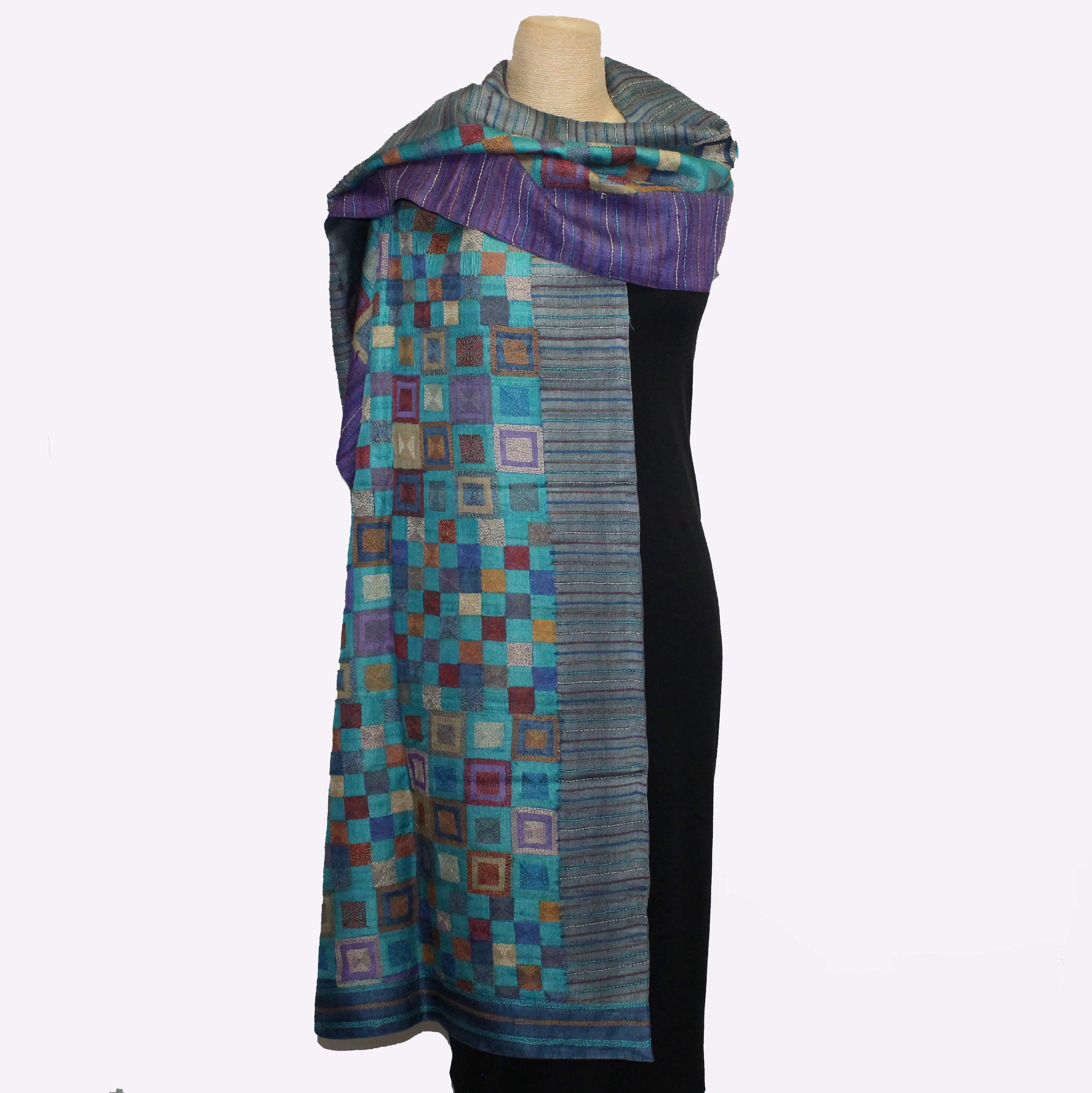 Darshan Shah Shawl, Kantha, Turquoise/Purple/Multi-Color