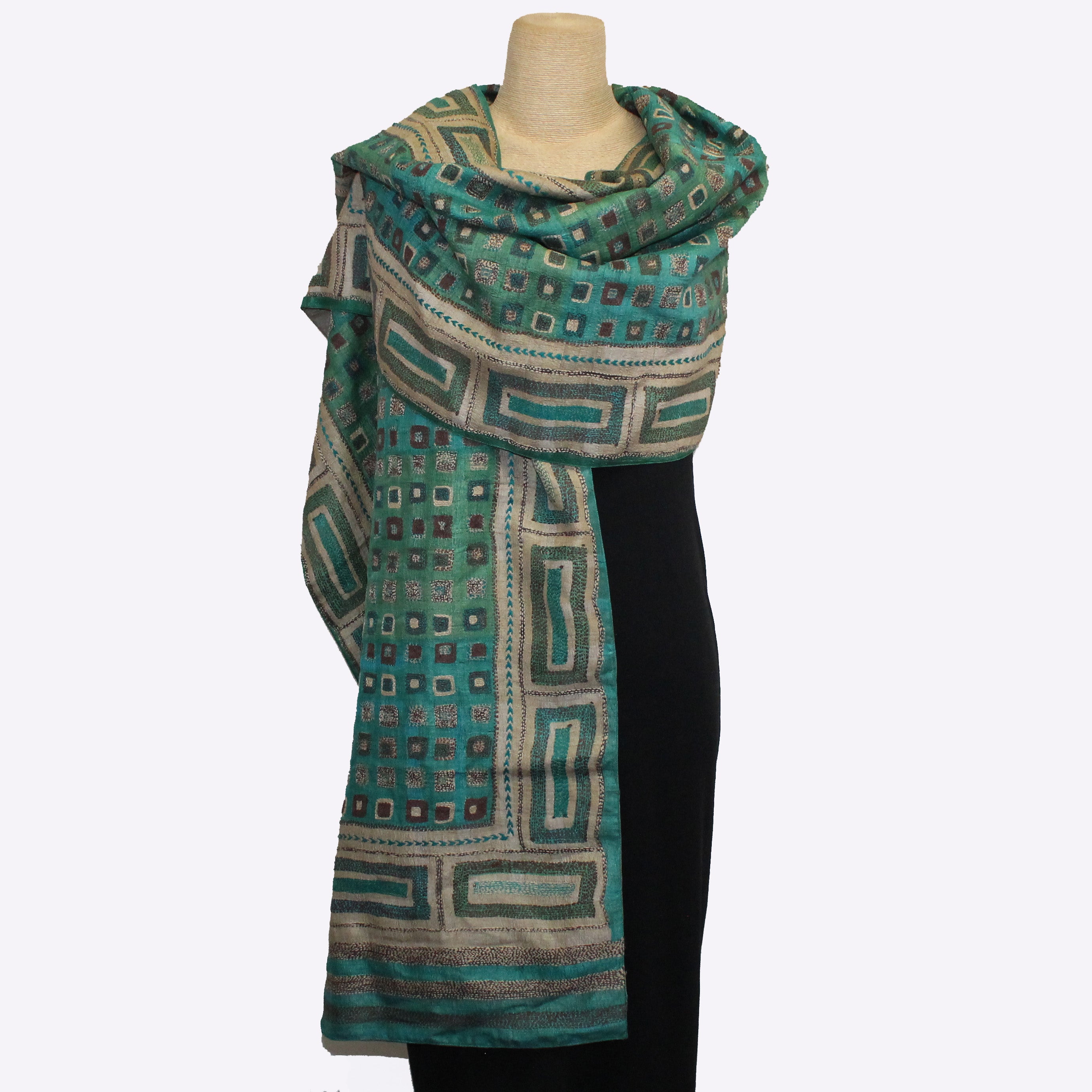 Darshan Shah Shawl, Kantha, Green/Tan/Brown/Blue