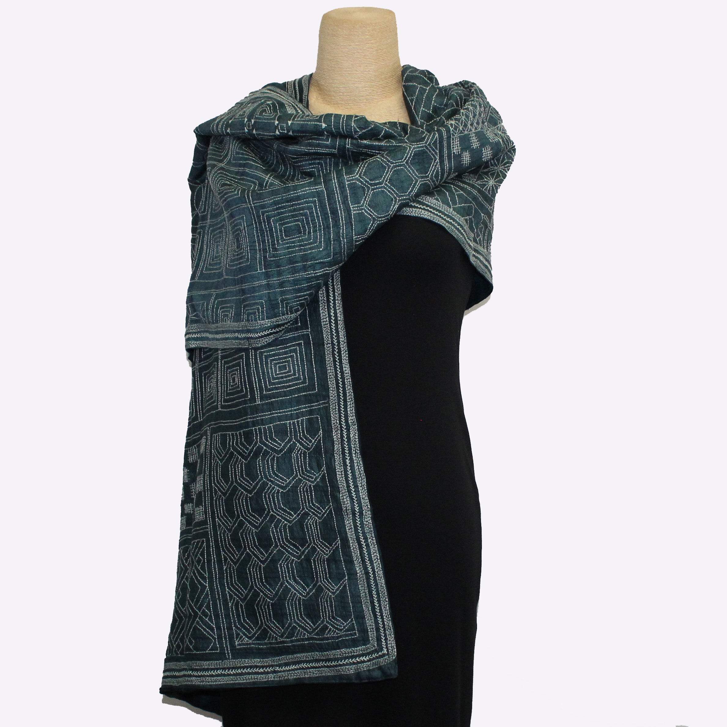 Darshan Shah Shawl, Kantha, Dark Indigo/White