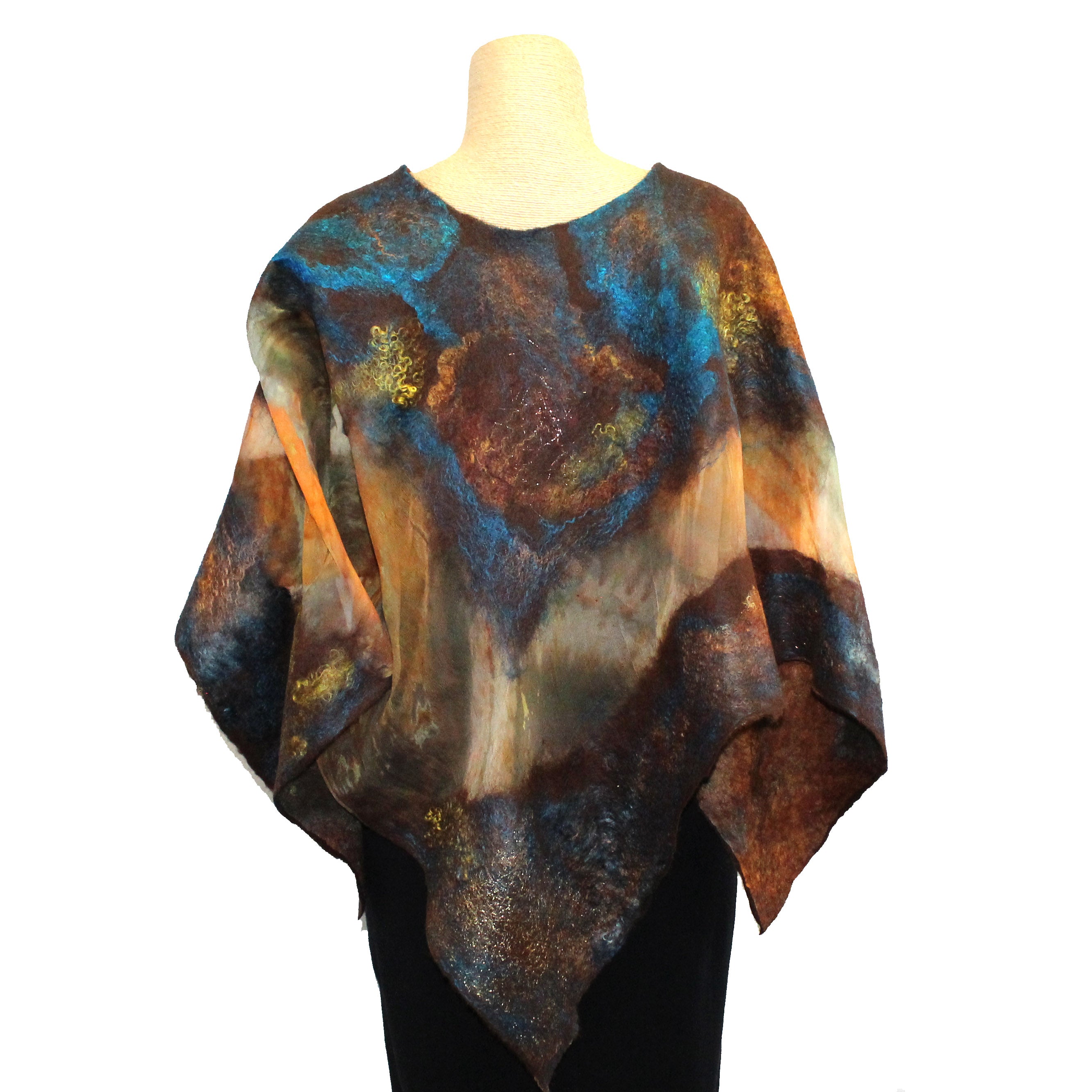 Enchanted Fibers Poncho, Reversible, Brown/Turquoise/Blue/Gold, OS