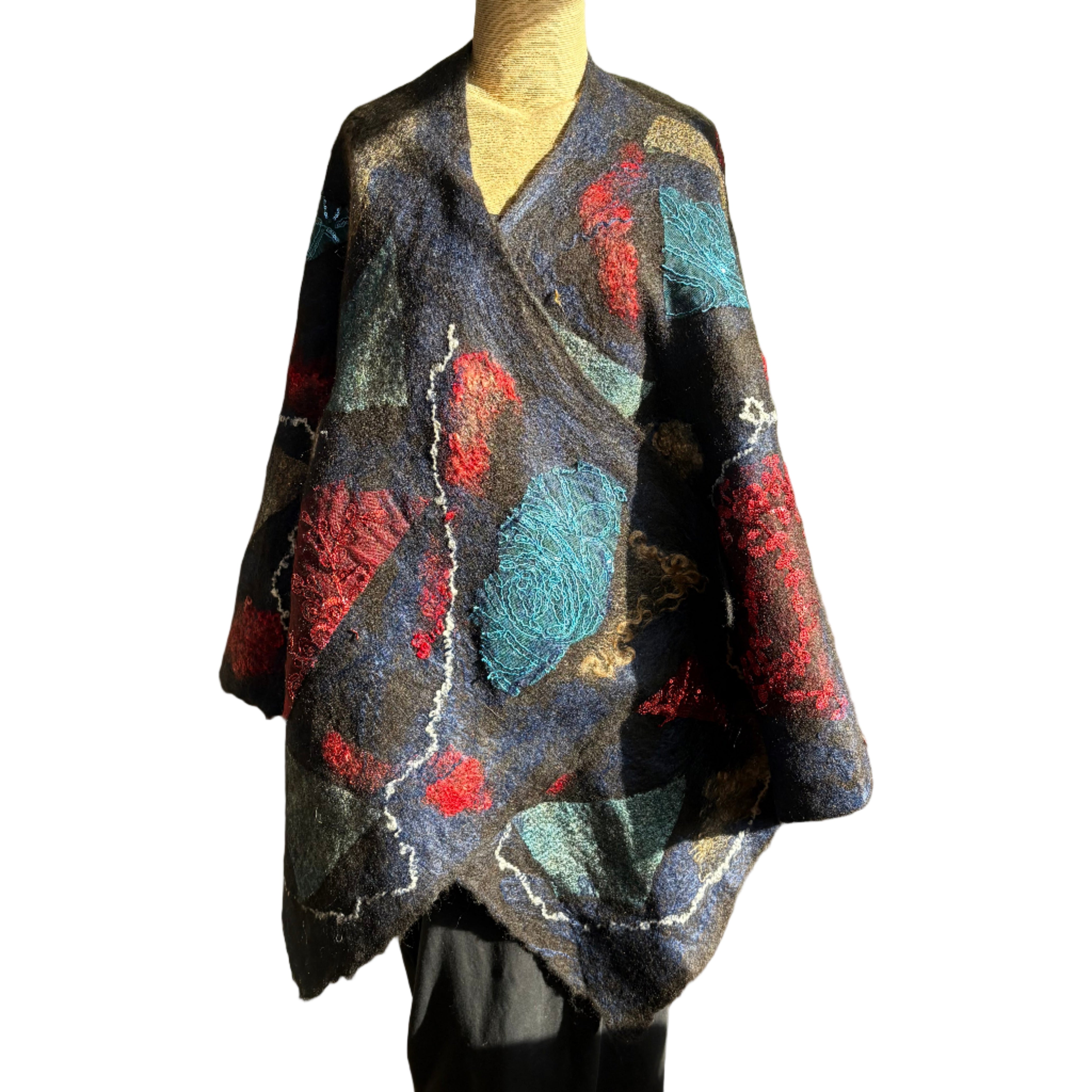 Enchanted Fibers Shawl, Red/Blue/Tan/Gold, OS