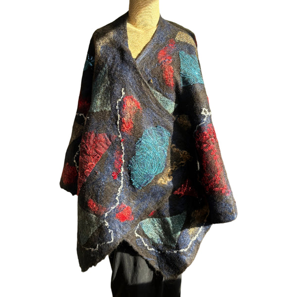 Enchanted Fibers Shawl, Red/Blue/Tan/Gold, OS