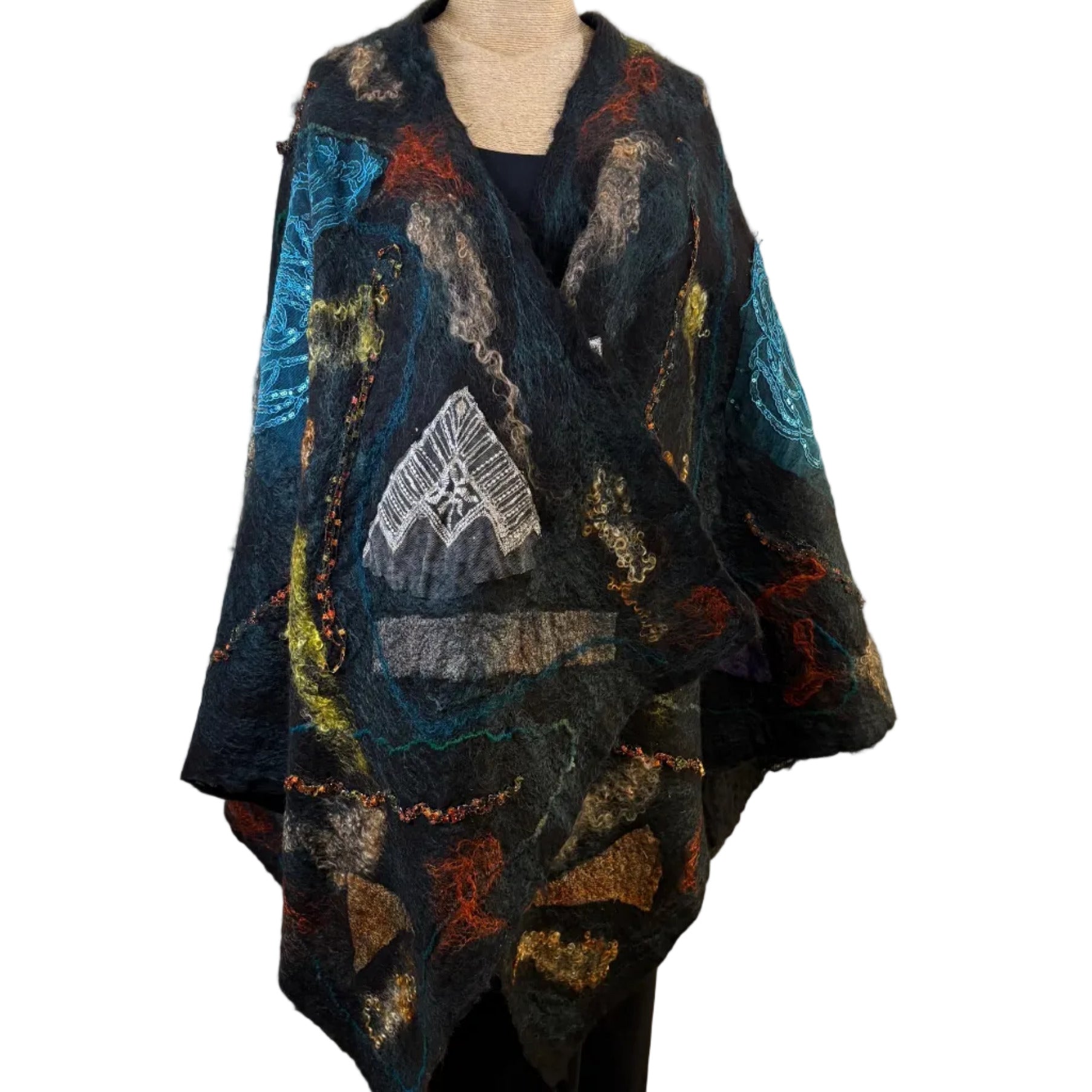 Enchanted Fibers Shawl, Turquoise/Gold/Orange/Rust/Tan, OS