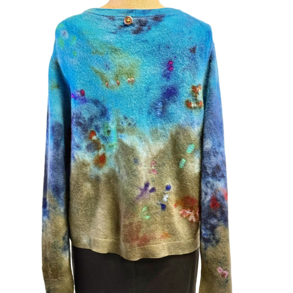Galadriel Mattei Cardigan, Crewneck, Turquoise/Olive/Multi Blossoms, S