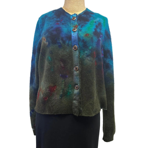 Galadriel Mattei Cardigan, Crewneck, Turquoise/Olive/Multi Blossoms, S