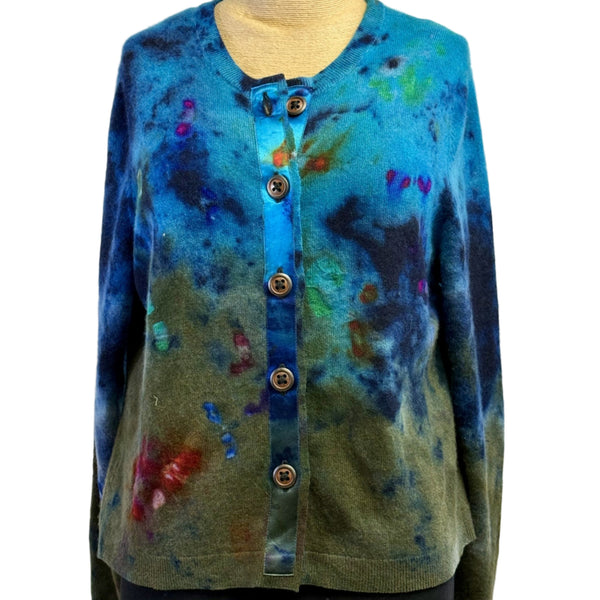 Galadriel Mattei Cardigan, Crewneck, Turquoise/Olive/Multi Blossoms, XS