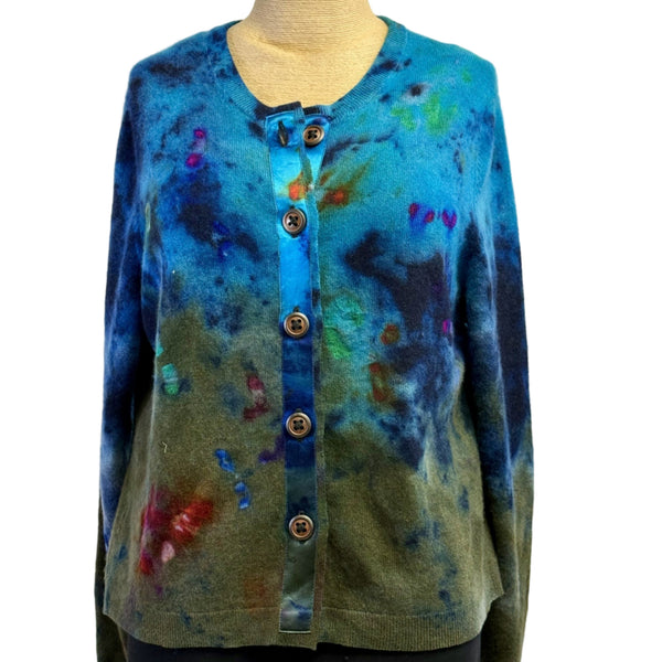 Galadriel Mattei Cardigan, Crewneck, Turquoise/Olive/Multi Blossoms, S