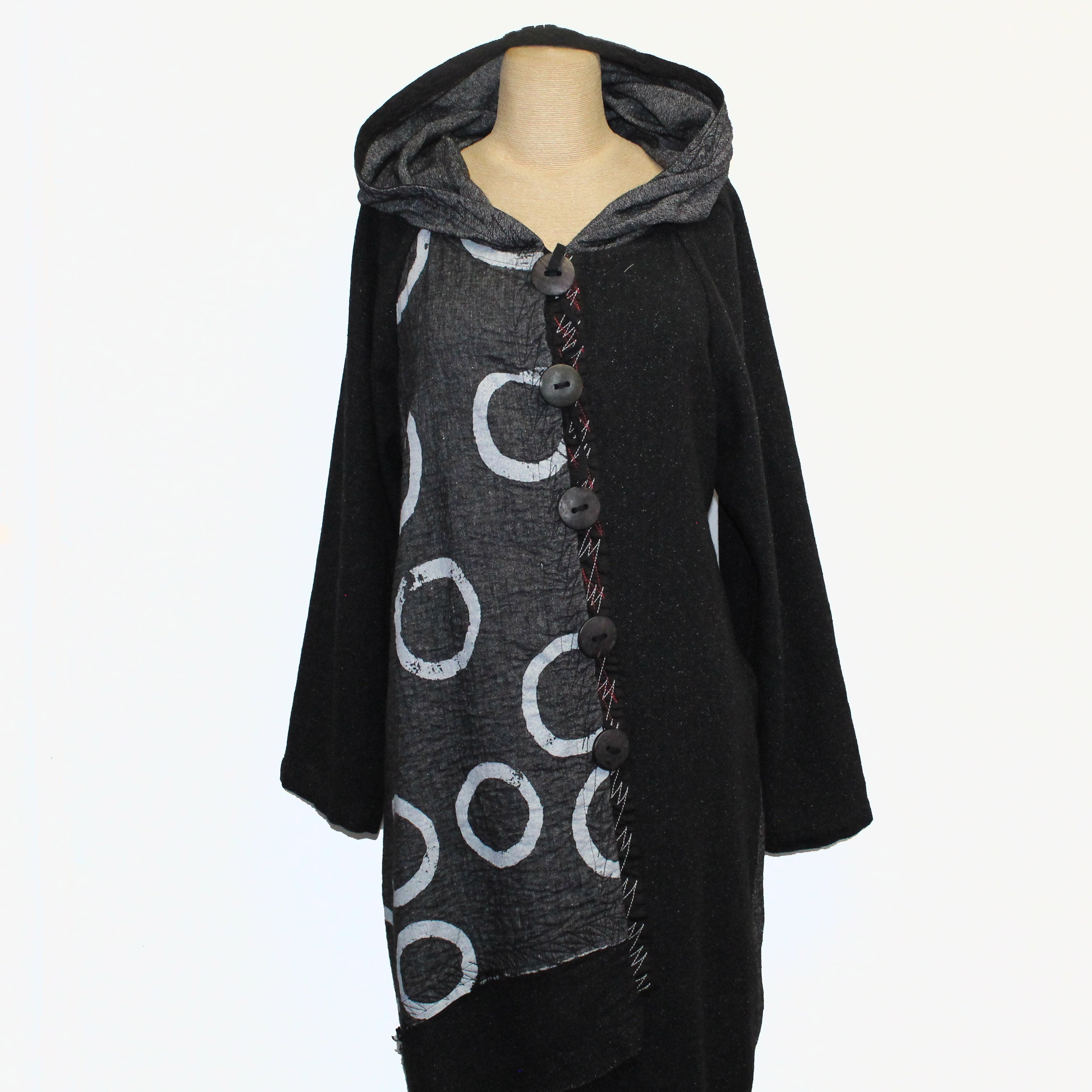 Mara Gibbucci Coat, Circles, Black/Grey/White With Hoodie M & L
