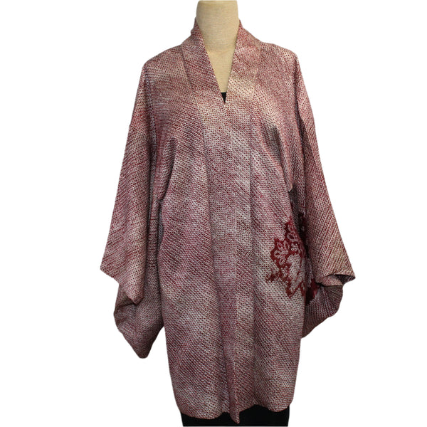 Vintage Silk Kimono, Shibori, Burgundy/White, Fits S-L