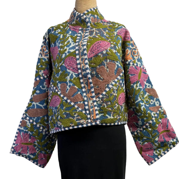 Woman To Women Kantha Jacket, Reversible, Embroidered, Blue/Green/Fuchsia, M/L