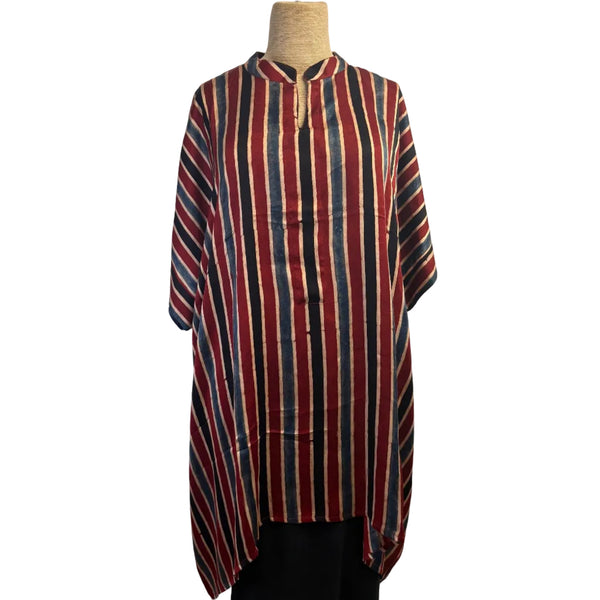 Sudarshan Tunic, Red/Blue/Tan/Black, Stripes, Fits S - XL