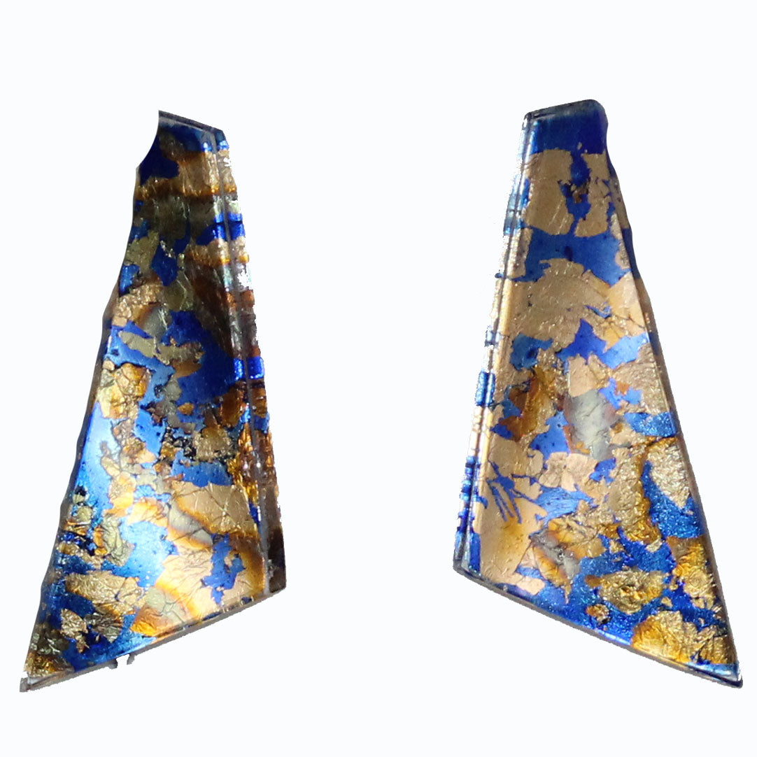 Laurent Guillot Clip On Earrings, Lucite, Triangular, Blue/Gold Foil