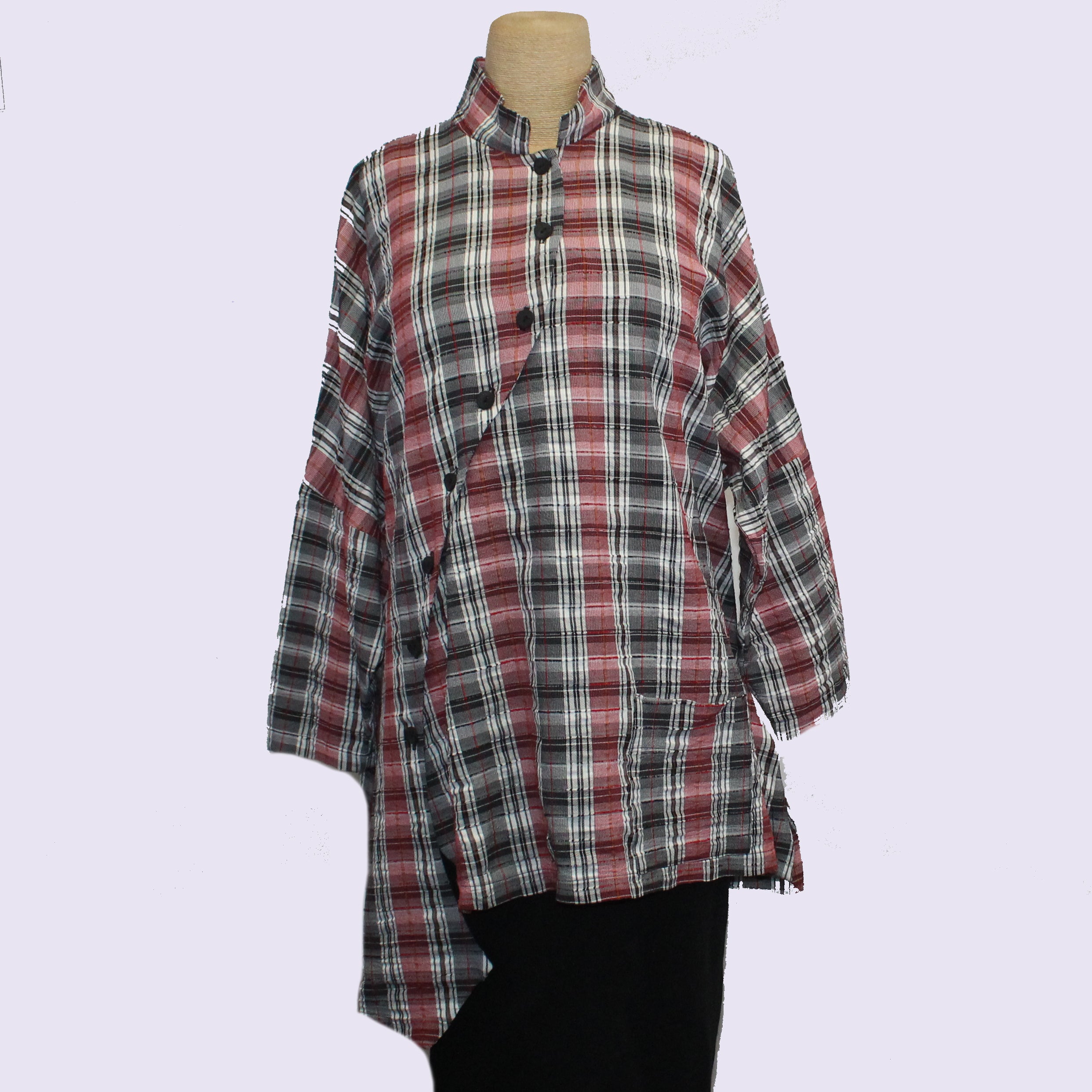 M Square Shirt, Asymmetrical, Red/Black Plaid L/XL