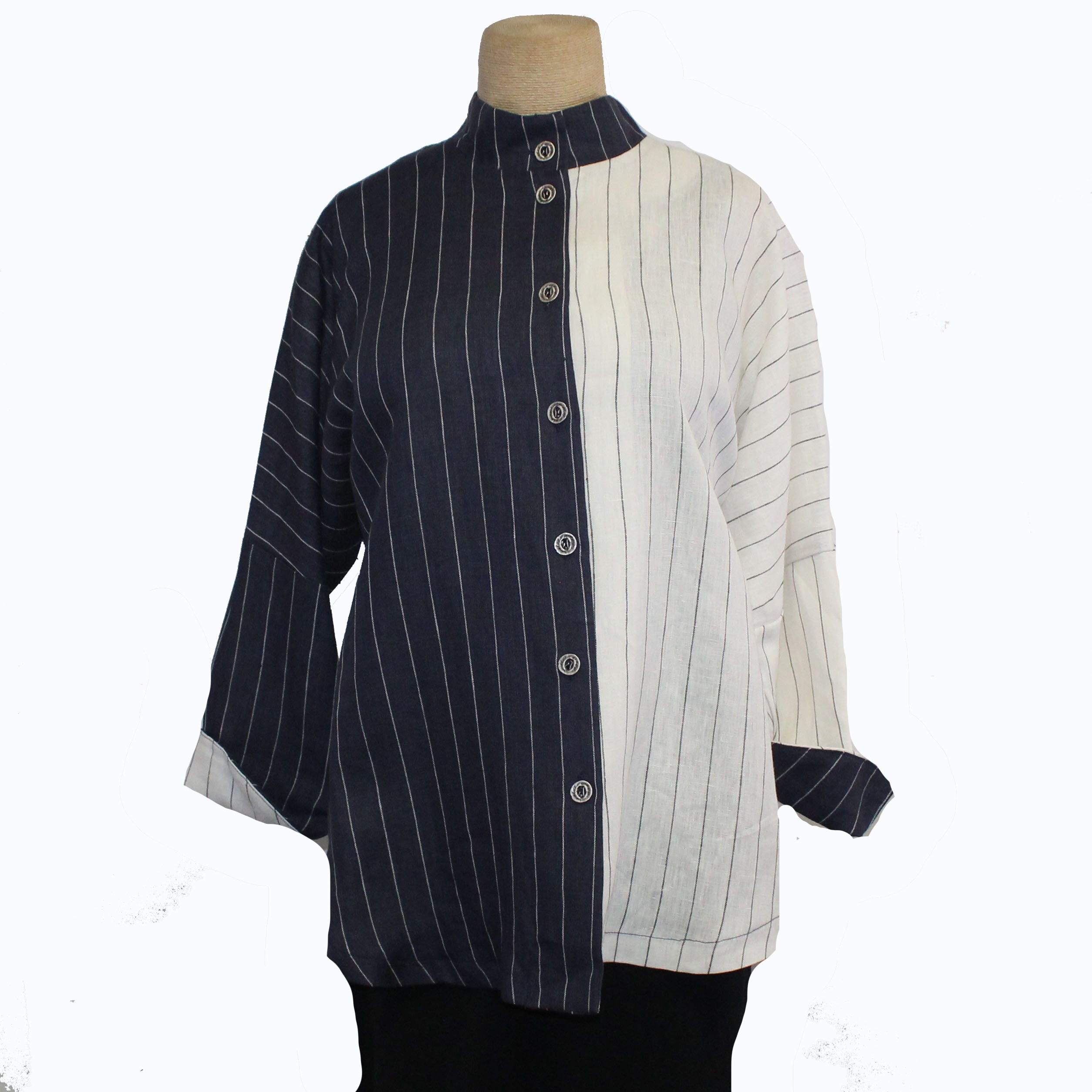 M Square Shirt, Circular, Mixed, Navy/Ivory Stripes XL