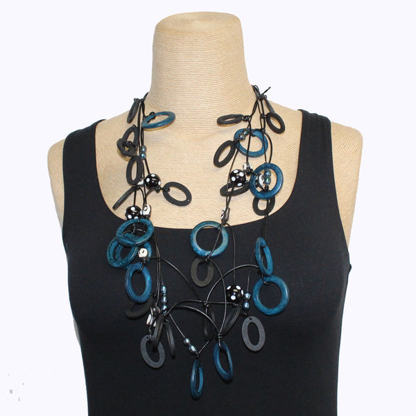 Phyllis Clark Necklace, Blue Coconut/Pearls/Bone