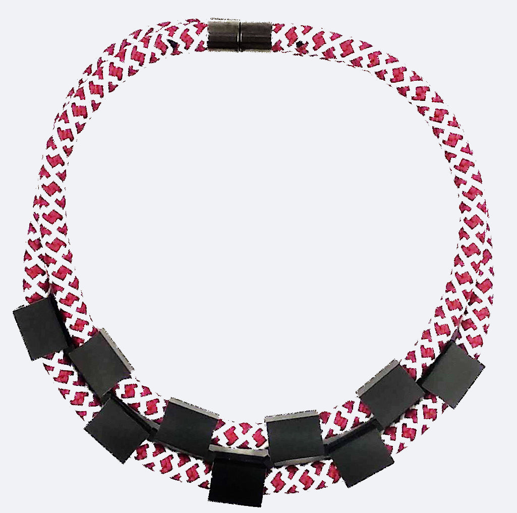 Christina Brampti Necklace, Red Pattern & Black Squares
